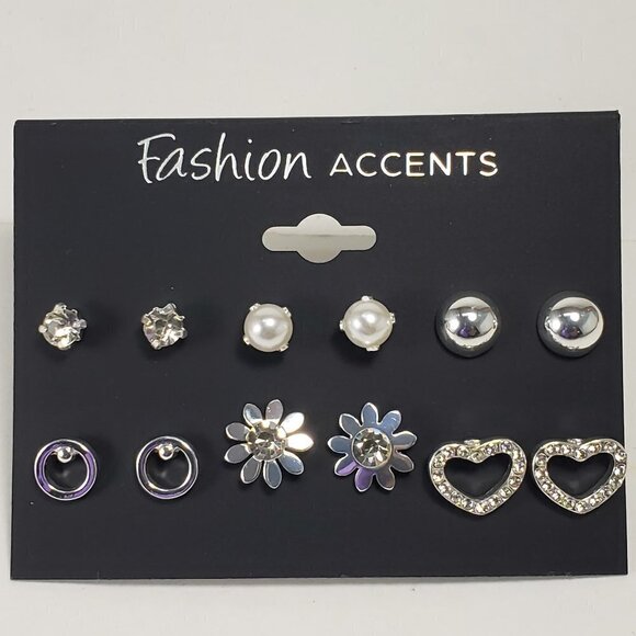 Set of 6 Silver-Tone, Rhinestone, Crystal & Faux Pearl Stud Earrings - Women - Picture 1 of 7
